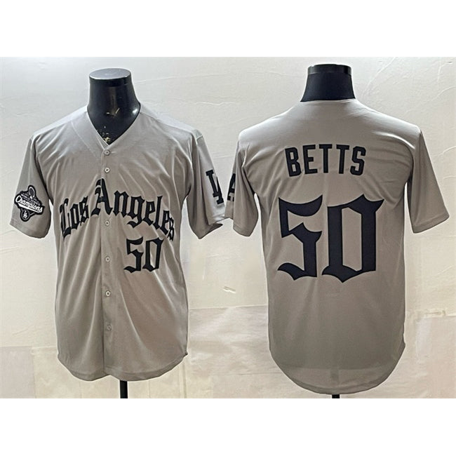 Los Angeles Dodgers #50 Mookie Betts Grey HOLBERT LA Gothic Style With 2025 World Series Champions Patch Limited Stitched Jersey