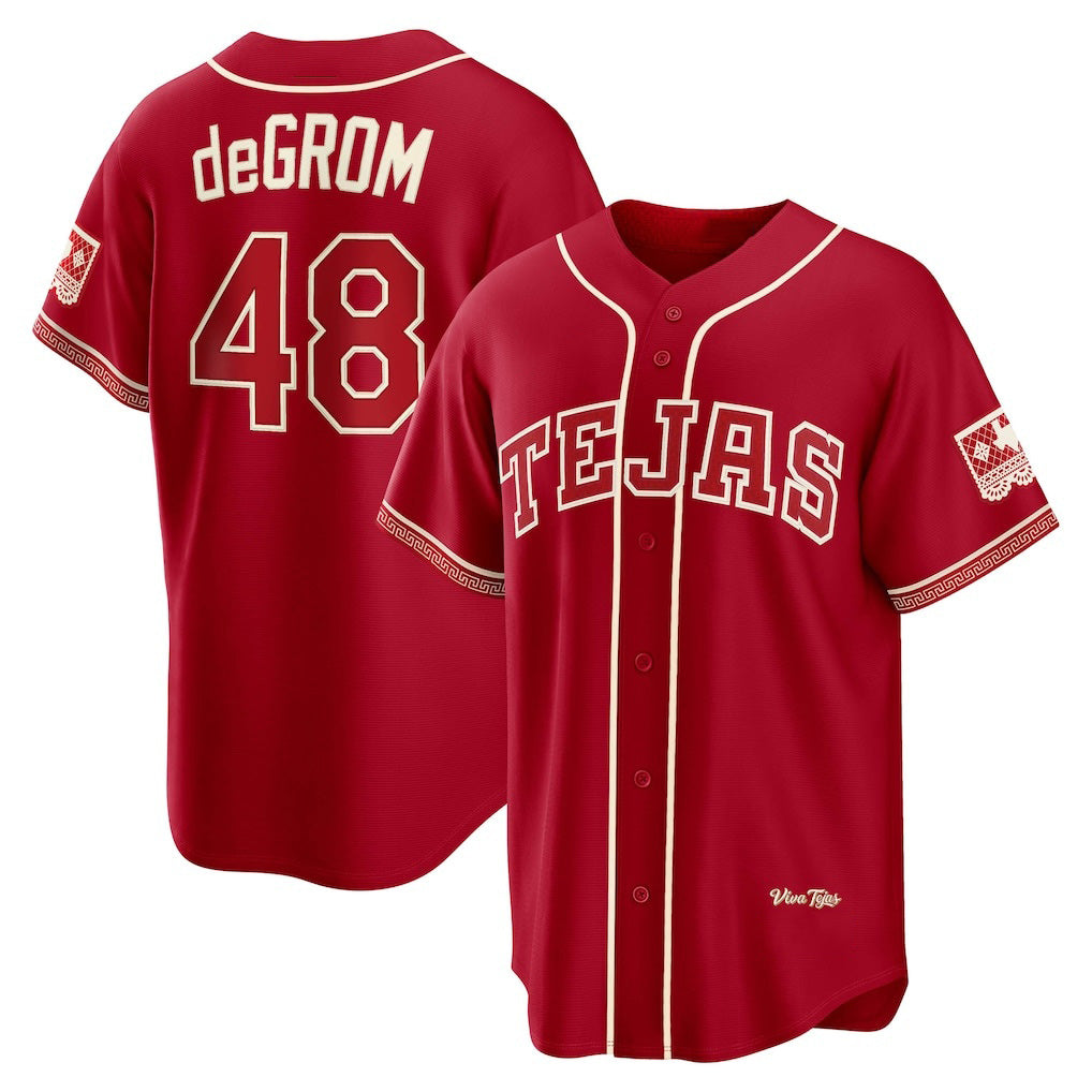 Texas Rangers #48 Jacob deGrom Red HOLBERT 2026 City Connect Stadium Jersey