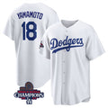 Los Angeles Dodgers #18 Yoshinobu Yamamoto White HOLBERT 2024 World Series Champions Cool Base Stitched Jersey
