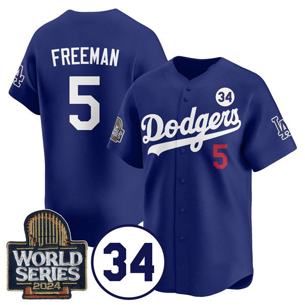 Los Angeles Dodgers #5 Freddie Freeman Royal HOLBERT 2024 World Series With No. 34 Patch Cool Base Stitched Jersey