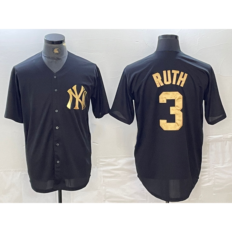 New York Yankees #3 Babe Ruth Black Gold HOLBERT Cool Base Stitched Jersey