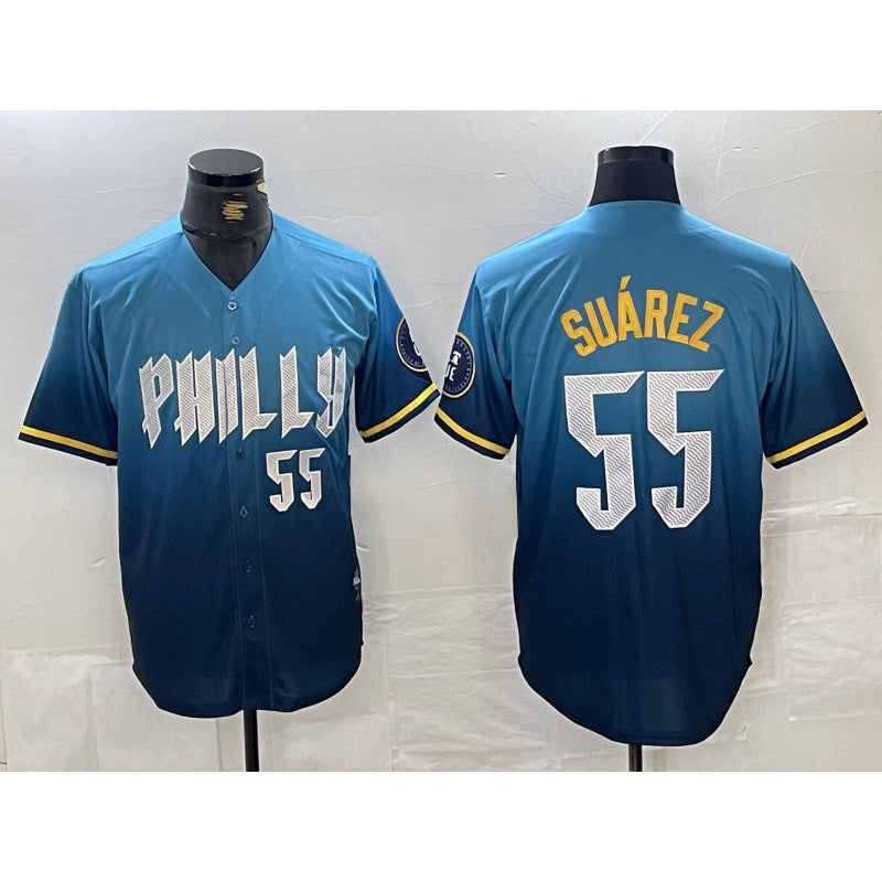 Philadelphia Phillies #55 Ranger Suarez Blue HOLBERT 2024 City Player Number Cool Base Jersey 2