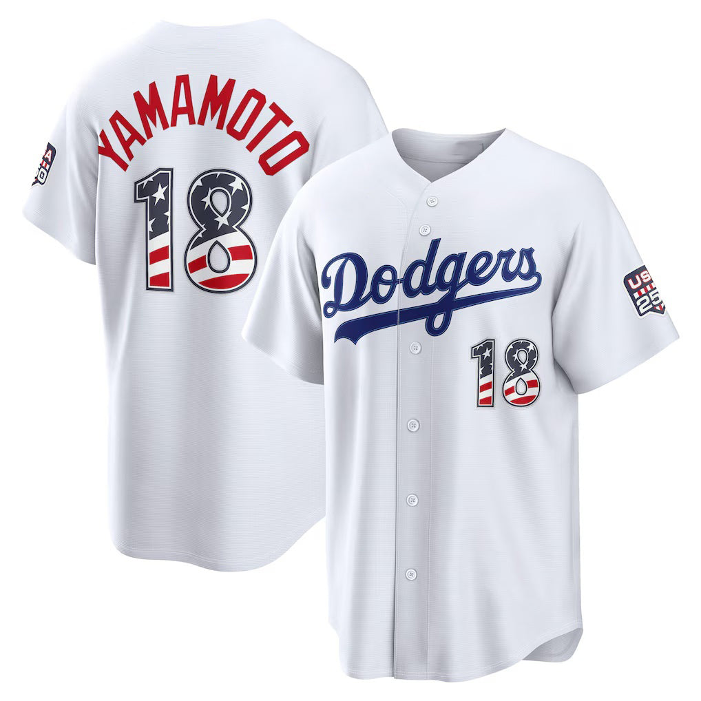 Los Angeles Dodgers #18 Yoshinobu Yamamoto White HOLBERT USA 250 Fourth of July Home Stadium Jersey