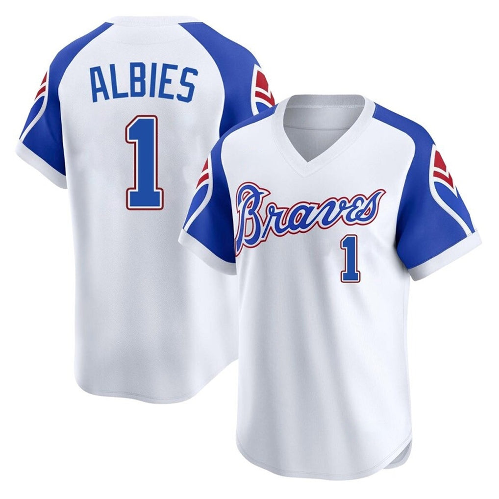 Atlanta Braves #1 Ozzie Albies Player White HOLBERT Throwback Cooperstown Collection T-shirt Game Stitched Jerseys