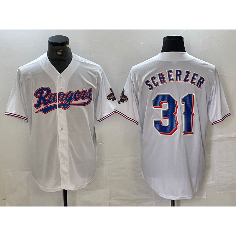 Texas Rangers #31 Max Scherzer White HOLBERT 2023 World Series Champions Cool Base Jersey