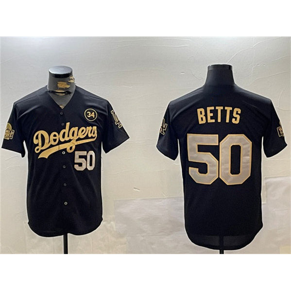 Los Angeles Dodgers #50 Mookie Betts Black Gold HOLBERT 2024 World Series With No. 34 Patch Limited Stitched Jersey