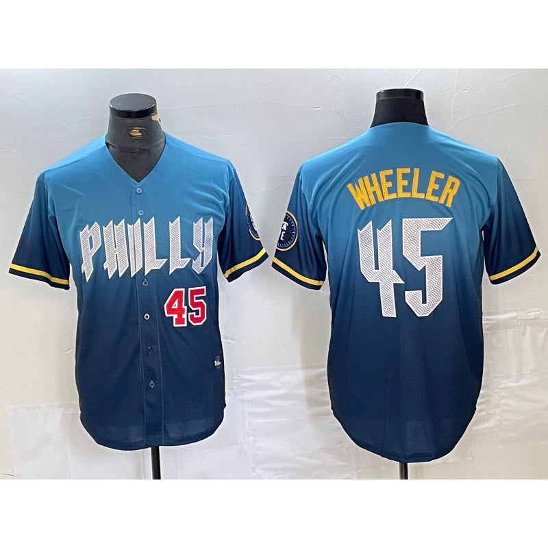 Philadelphia Phillies #45 Zack Wheeler Blue HOLBERT 2024 City Player Number Cool Base Stitched Jerseys