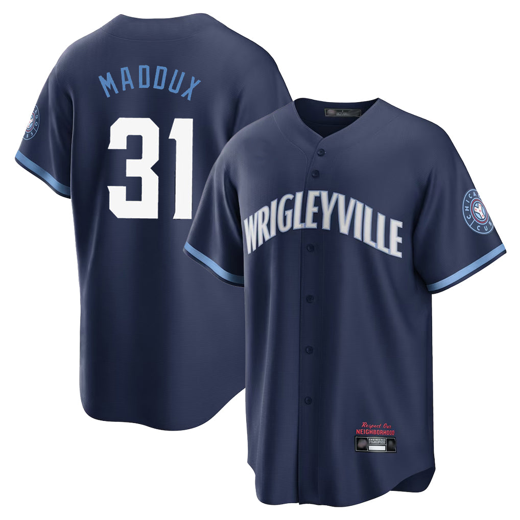 Chicago Cubs #31 Greg Maddux Player Navy HOLBERT City Connect Home Game Stitched Jerseys