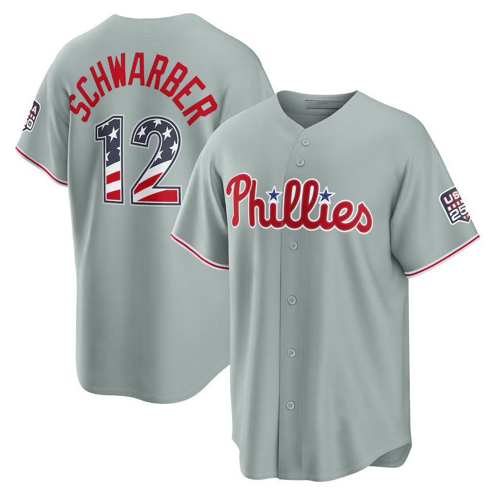 Philadelphia Phillies #12 Kyle Schwarber USA 250 Fourth of July Road Stadium Jersey - Gray HOLBERT