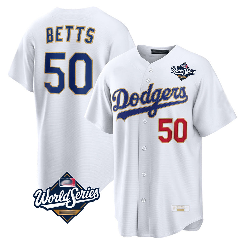 Los Angeles Dodgers #50 Mookie Betts Player Gold White HOLBERT World Series Collection Limited Home Stitched Jerseys