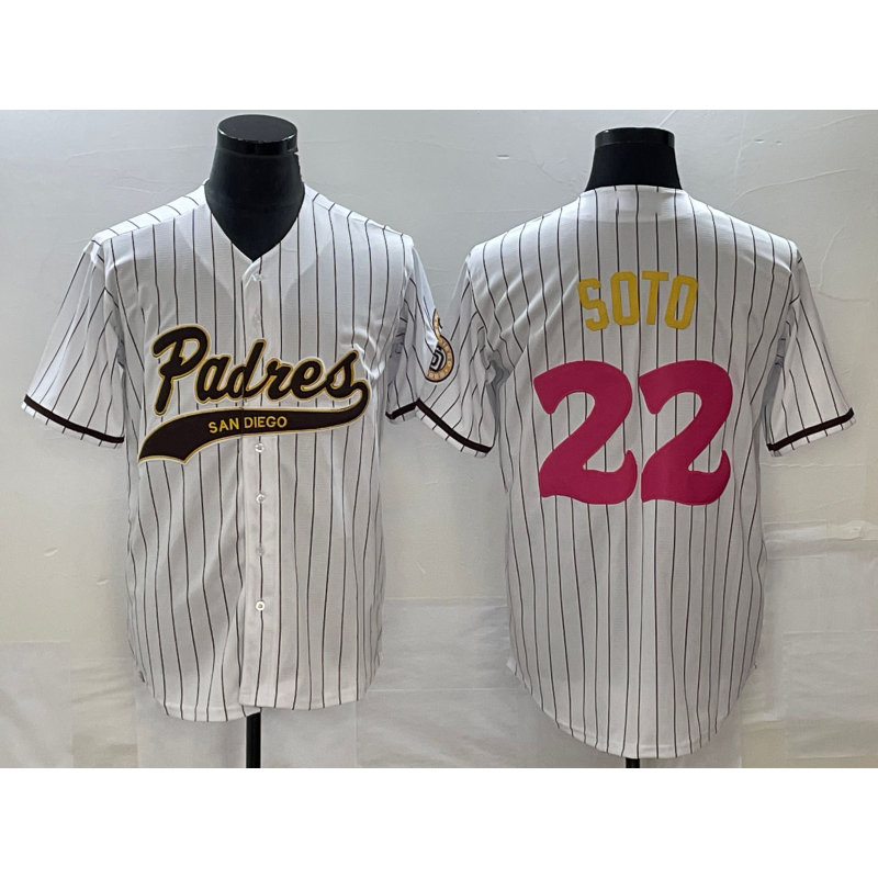 San Diego Padres #22 Juan Soto White HOLBERT Pinstripe 2023 City Connect Cool Base Stitched Jersey 2