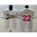 San Diego Padres #22 Juan Soto White HOLBERT Pinstripe 2023 City Connect Cool Base Stitched Jersey 2