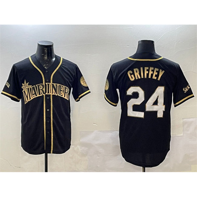Seattle Mariners #24 Ken Griffey Jr. Black Gold HOLBERT Cool Base Stitched Jersey