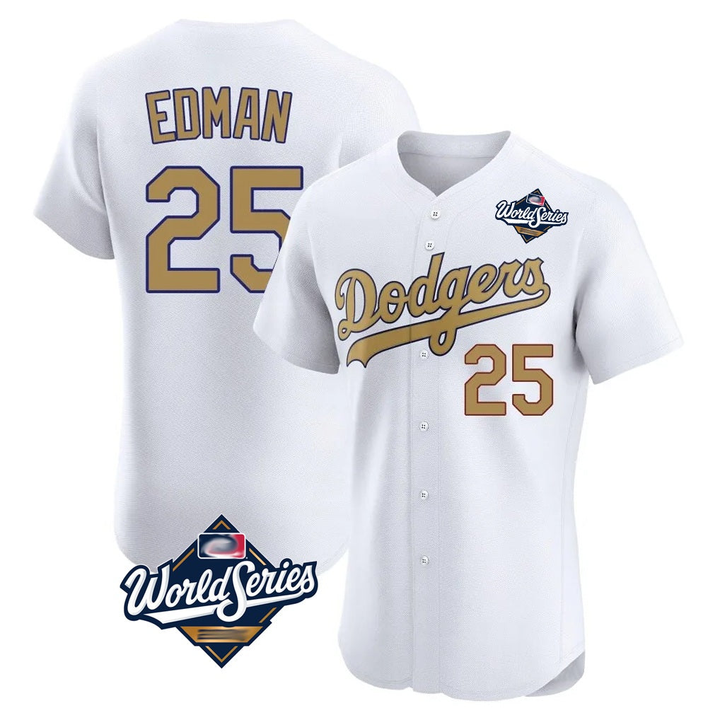 Los Angeles Dodgers #25 Tommy Edman Player White Gold HOLBERT World Series Limited Elite Home Stitched Jerseys