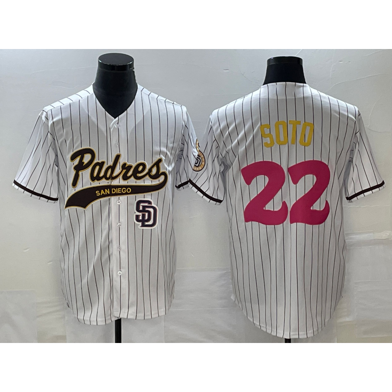 San Diego Padres #22 Juan Soto White HOLBERT Pinstripe 2023 City Connect Cool Base Stitched Jersey