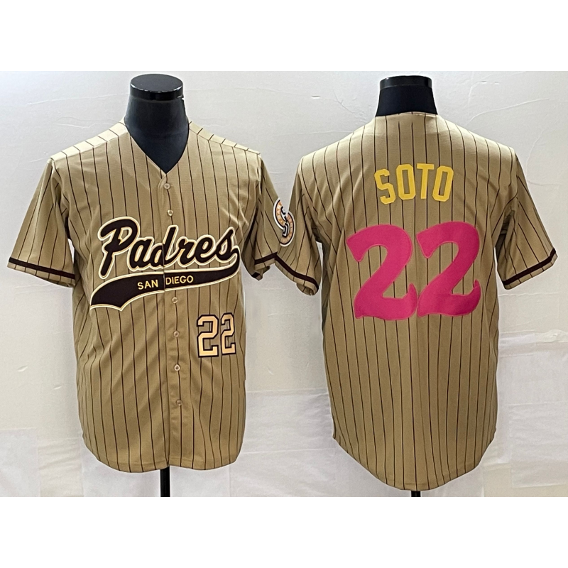 San Diego Padres #22 Juan Soto Number Tan HOLBERT Pinstripe 2023 City Connect Cool Base Stitched Jersey