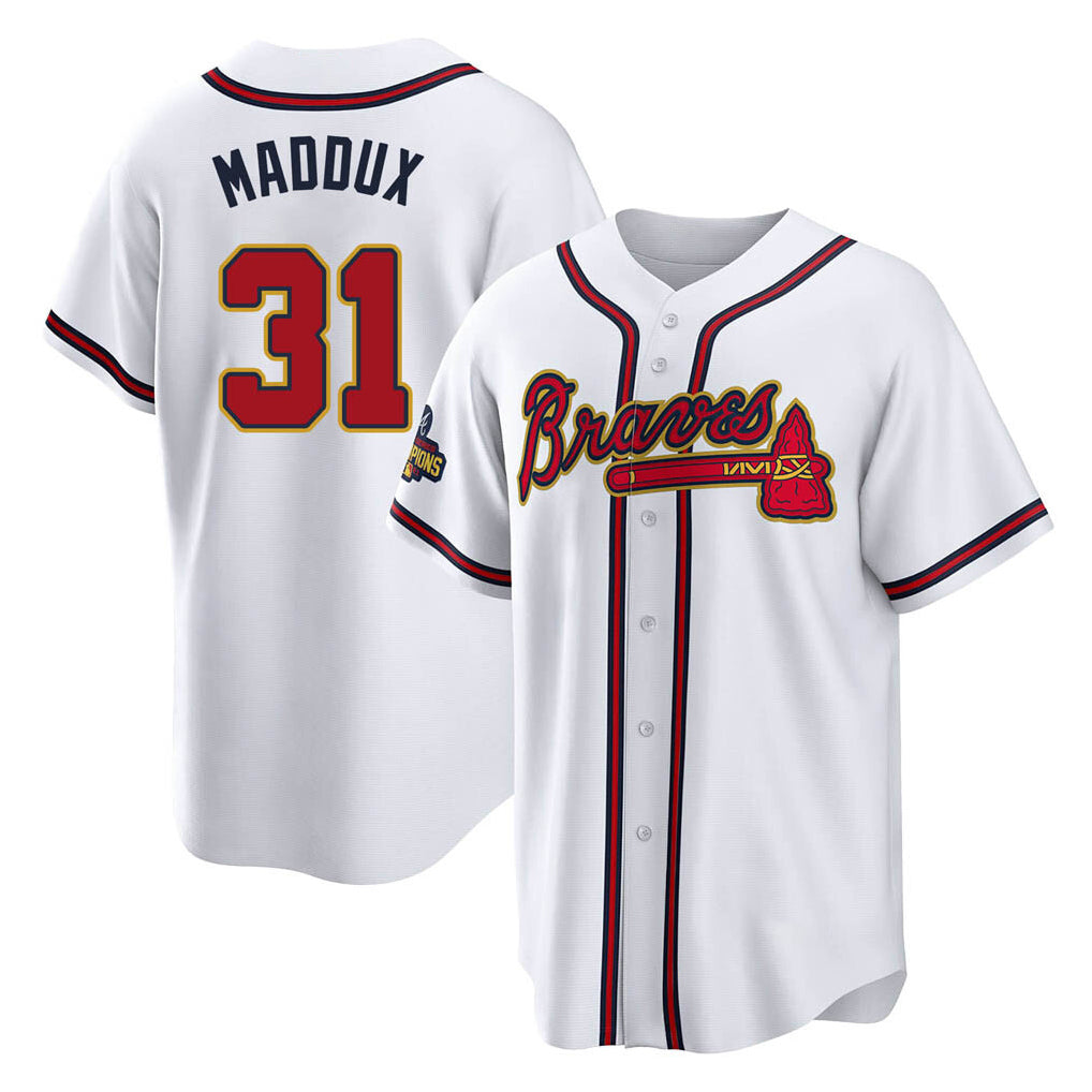 Atlanta Braves #31 Greg Maddux Player White Gold HOLBERT Home Game Stitched Jerseys