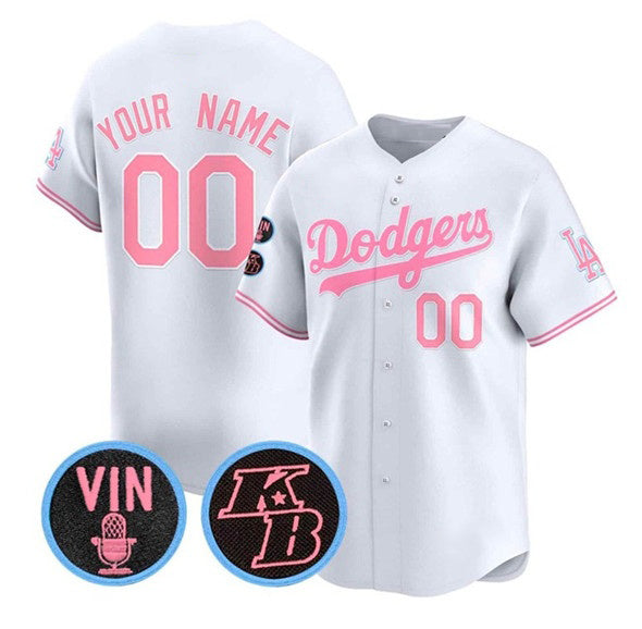 Custom Los Angeles Dodgers Active Player White Pink HOLBERT With Vin & Kobe Patch Limited Stitched Jersey