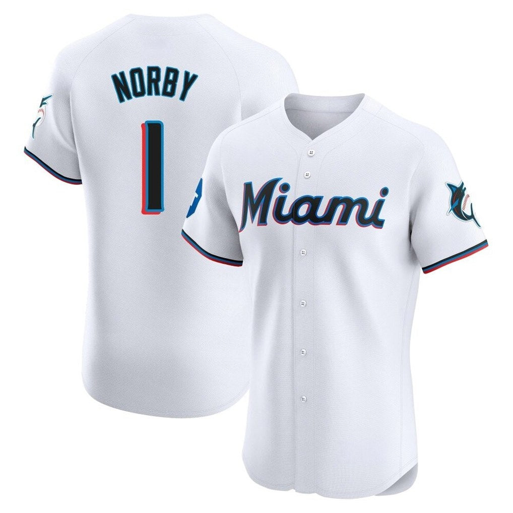 Miami Marlins #1 Connor Norby Player White HOLBERT Home Limited Elite Stitched Jerseys