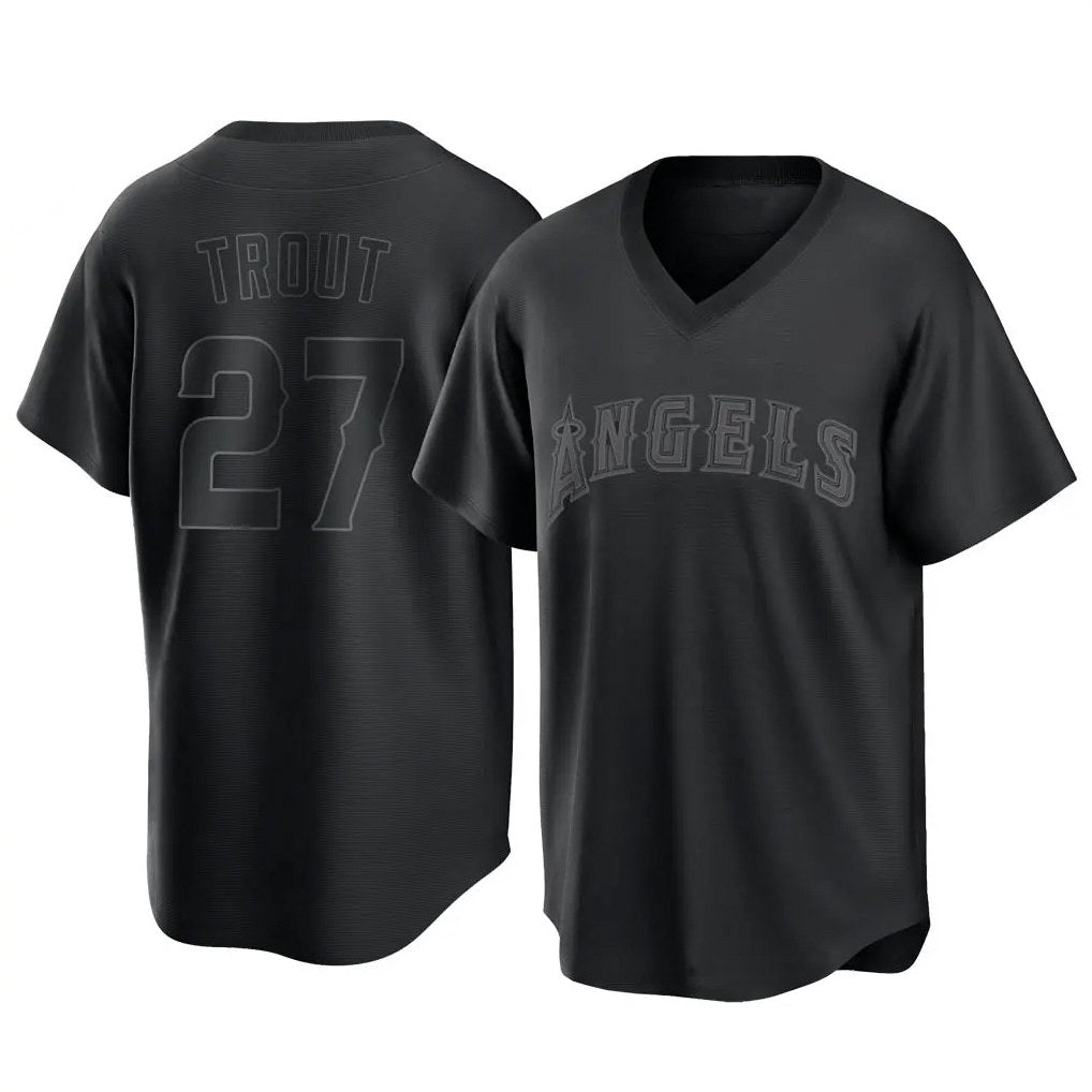Los Angeles Angels #27 Mike Trout Player Black HOLBERT Pitch Fashion T-shirt Stitched Jerseys