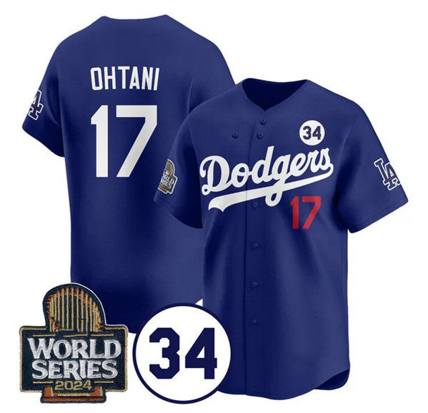 Los Angeles Dodgers #17 Shohei Ohtani Royal HOLBERT 2024 World Series With No. 34 Patch Cool Base Stitched Jersey