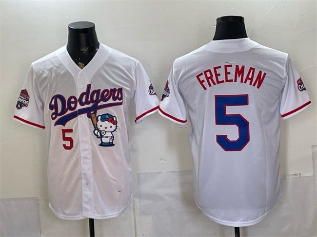 Los Angeles Dodgers #5 Freddie Freeman White HOLBERT Hello Kitty Night 2025 World Series Champions Patch Stitched Jersey