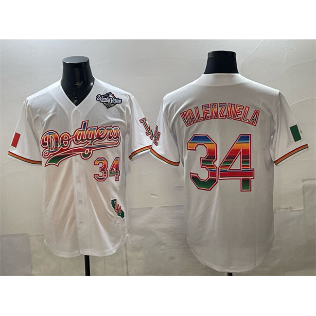 Los Angeles Dodgers #34 Fernando Valenzuela White HOLBERT Mexico California Patch 2025 World Series Patch Stitched Jersey