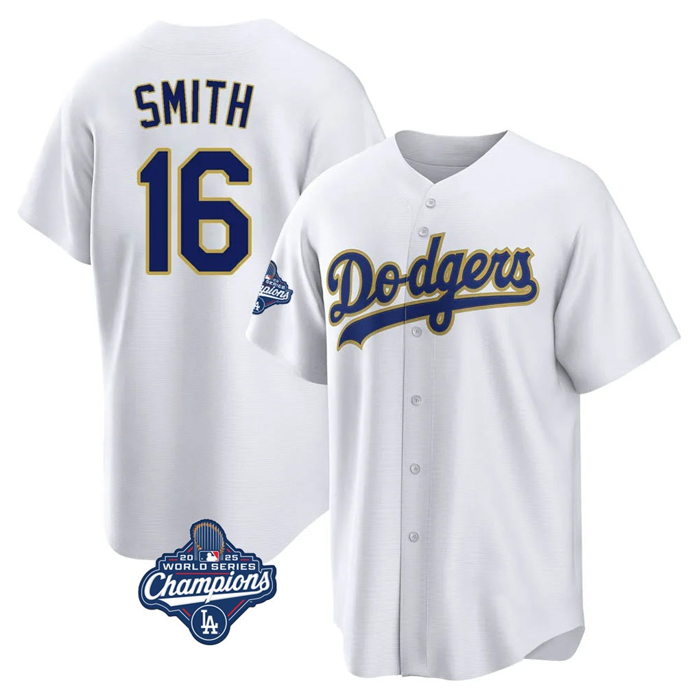 Los Angeles Dodgers #16 Will Smith Player Gold White HOLBERT World Series Meet 2026 Collection Stadium Game Stitched Jerseys