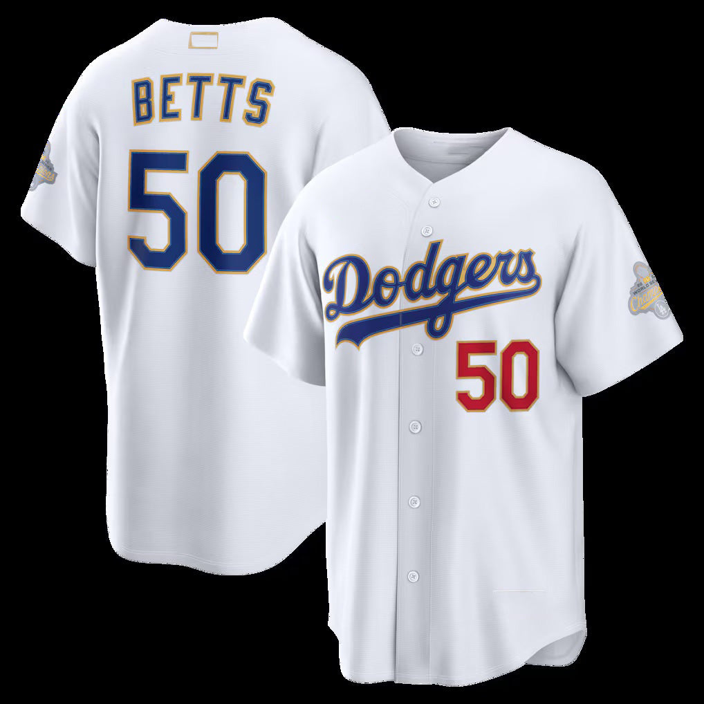 Los Angeles Dodgers #50 Mookie Betts White HOLBERT 2026 Gold Collection Stadium Jersey