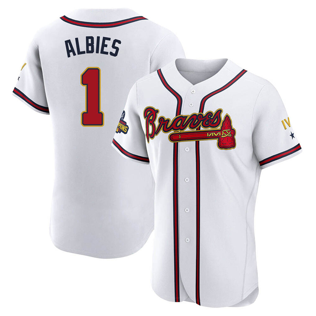 Atlanta Braves #1 Ozzie Albies Player White Gold HOLBERT Limited Elite Home Game Stitched Jerseys