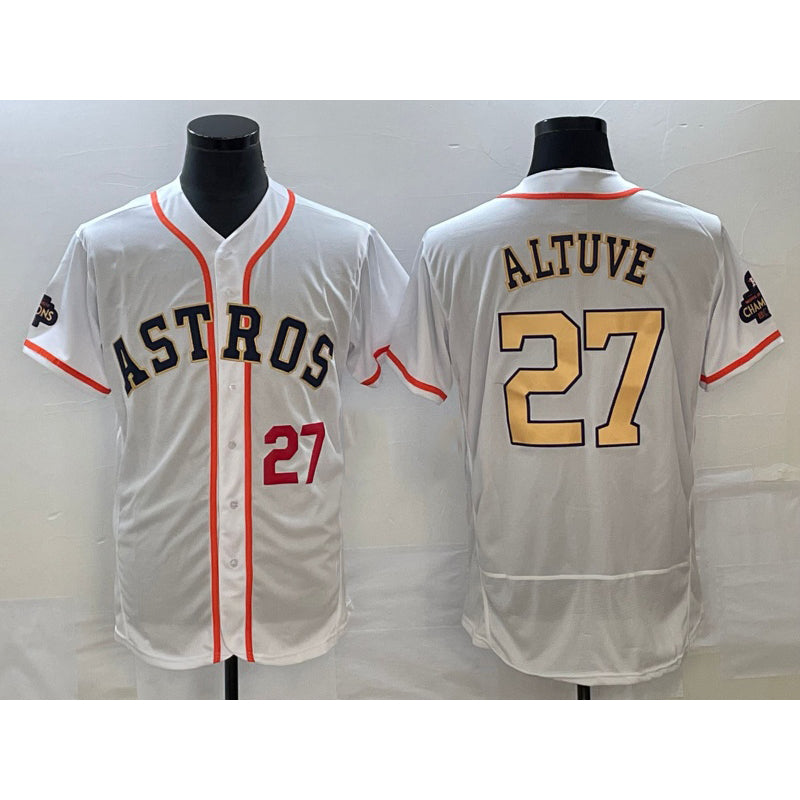 Houston Astros #27 Jose Altuve Number 2023 White HOLBERT Gold World Serise Champions Patch Flex Base Stitched Jersey