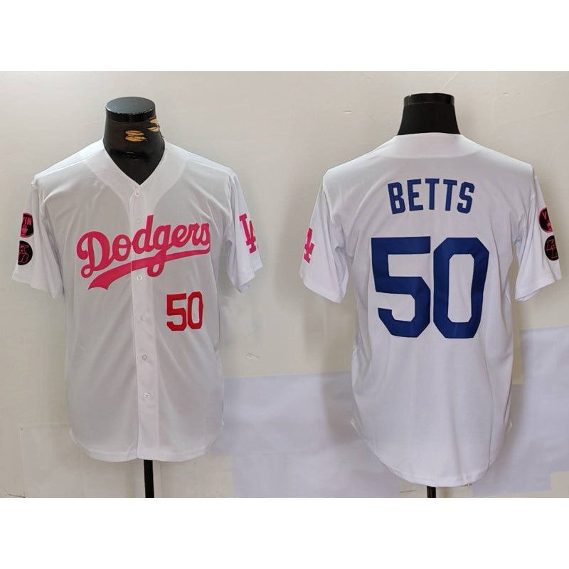 Los Angeles Dodgers #50 Mookie Betts White Pink HOLBERT Vin & Kobe Patch Stitched Jersey 2