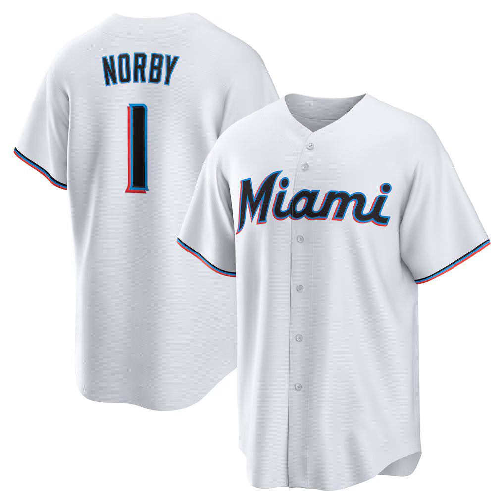 Miami Marlins #1 Connor Norby White HOLBERT Home Replica Jersey