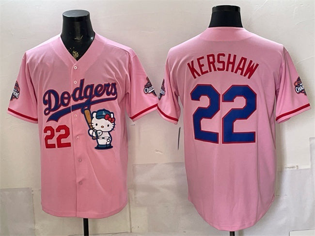 Los Angeles Dodgers #22 Clayton Kershaw Pink HOLBERT Hello Kitty Night 2025 World Series Champions Patch Stitched Jersey