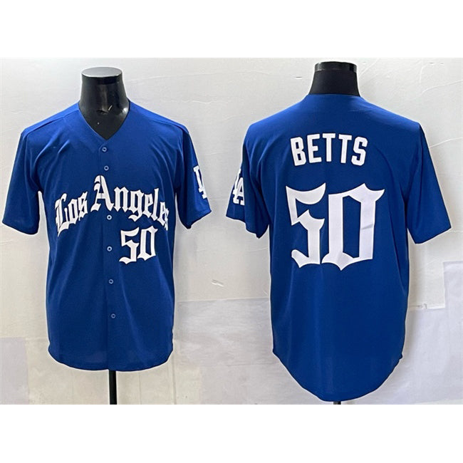 Los Angeles Dodgers #50 Mookie Betts Blue HOLBERT 2025 LA Gothic Style With Fernando Patch Vapor Premier Limited Stitched Jersey