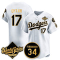 Los Angeles Dodgers #17 Shohei Ohtani White Gold HOLBERT 2025 World Series With No.34 Patch Limited Stitched Jersey