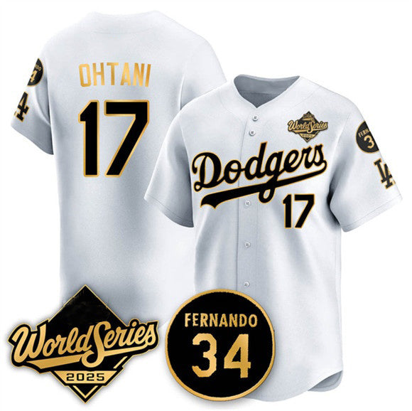 Los Angeles Dodgers #17 Shohei Ohtani White Gold HOLBERT 2025 World Series With No.34 Patch Limited Stitched Jersey