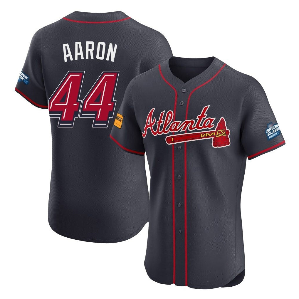 Atlanta Braves #44 Hank Aaron Player Navy HOLBERT 2025 Speedway Classic Limited Elite Home Game Stitched Jerseys