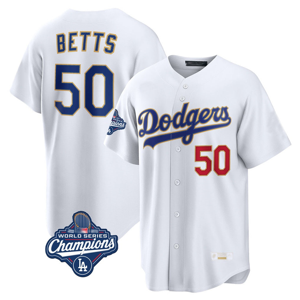 Los Angeles Dodgers #50 Mookie Betts Player Gold White HOLBERT World Series Meet Collection Limited Home Stitched Jerseys