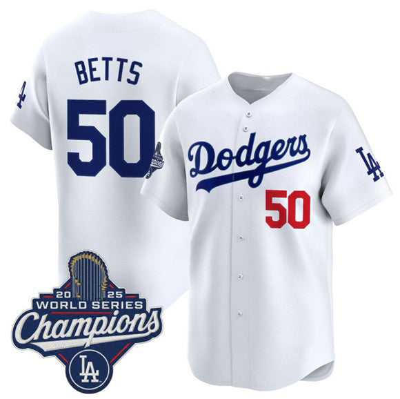Los Angeles Dodgers #50 Mookie Betts White HOLBERT 2025 Champions Stitched Jersey