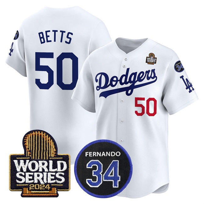 Los Angeles Dodgers #50 Mookie Betts White HOLBERT 2024 World Series With Fernando Memorial Patch Limited Stitched Jersey
