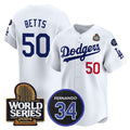 Los Angeles Dodgers #50 Mookie Betts White HOLBERT 2024 World Series With Fernando Memorial Patch Limited Stitched Jersey