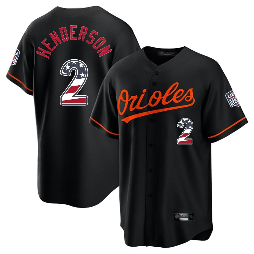 Baltimore Orioles #2 Gunnar Henderson Player Black HOLBERT USA 250 Fourth of July Home Game Stitched Jerseys