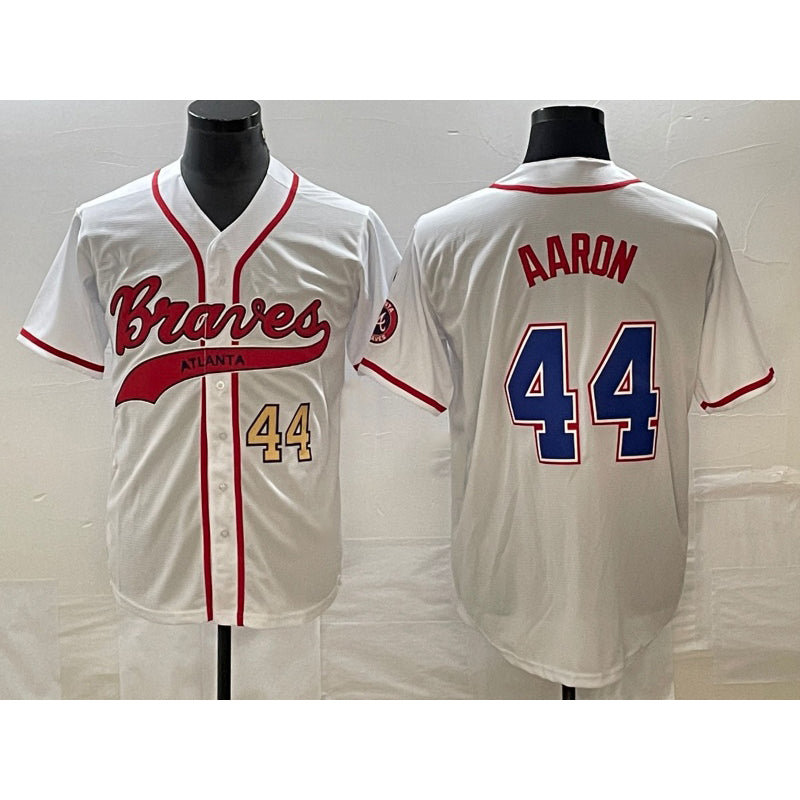 Atlanta Braves #44 Hank Aaron Number White HOLBERT Cool Base With Patch Stitched Jersey