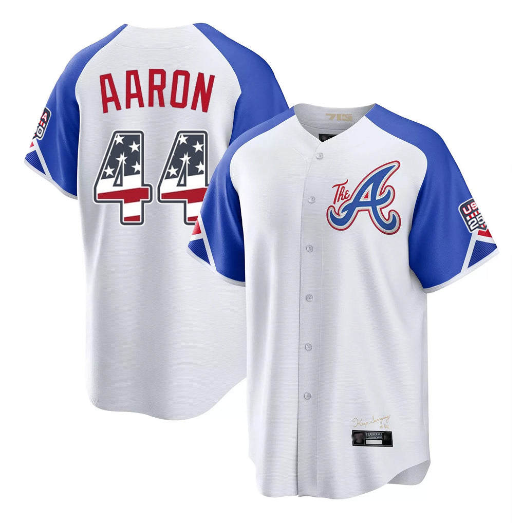 Atlanta Braves #44 Hank Aaron Player White HOLBERT USA 250 Fourth Of July City Connect Home Game Stitched Jerseys