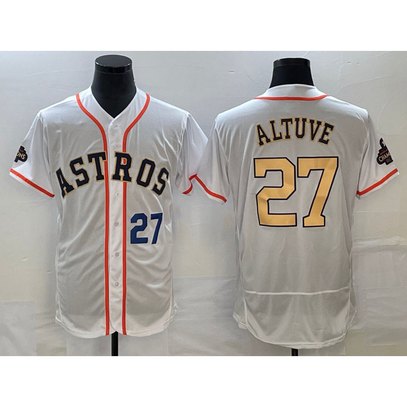 Houston Astros #27 Jose Altuve Number 2023 White HOLBERT Gold World Serise Champions Patch Flex Base Stitched Jersey 2