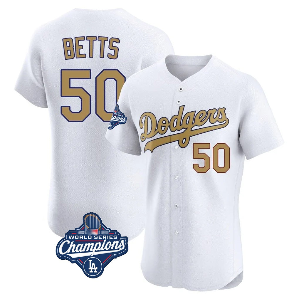 Los Angeles Dodgers #50 Mookie Betts Player White Gold HOLBERT World Series Meet Limited Elite Home Stitched Jerseys