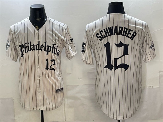 Philadelphia Phillies #12 Kyle Schwarber Cream HOLBERT Pinstripe Gothic Vapor Limited Stitched Jersey