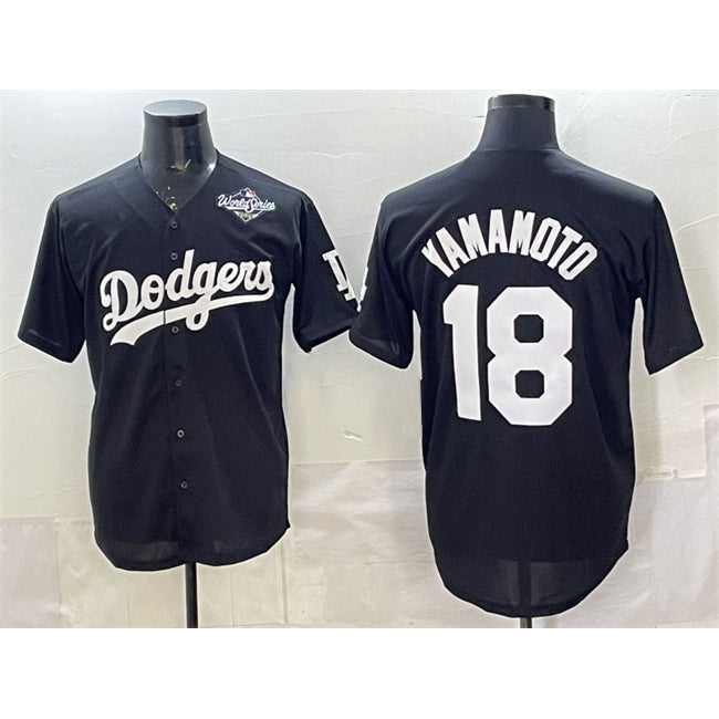 Los Angeles Dodgers #18 Yoshinobu Yamamoto Black HOLBERT 2025 World Series Patch Cool Base Stitched Jersey