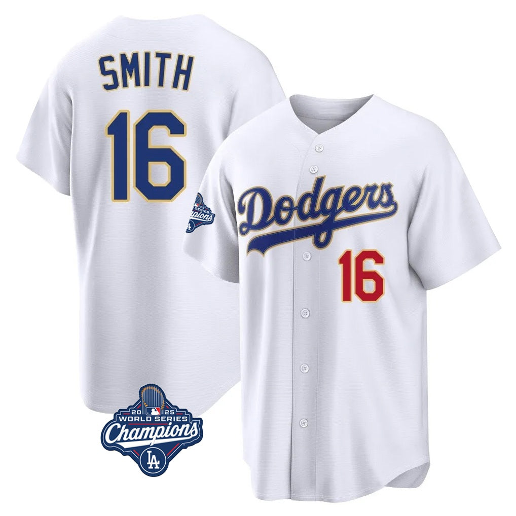 Los Angeles Dodgers #16 Will Smith Player Gold White HOLBERT World Series Meet 2026 Collection Stadium Limited Stitched Jerseys